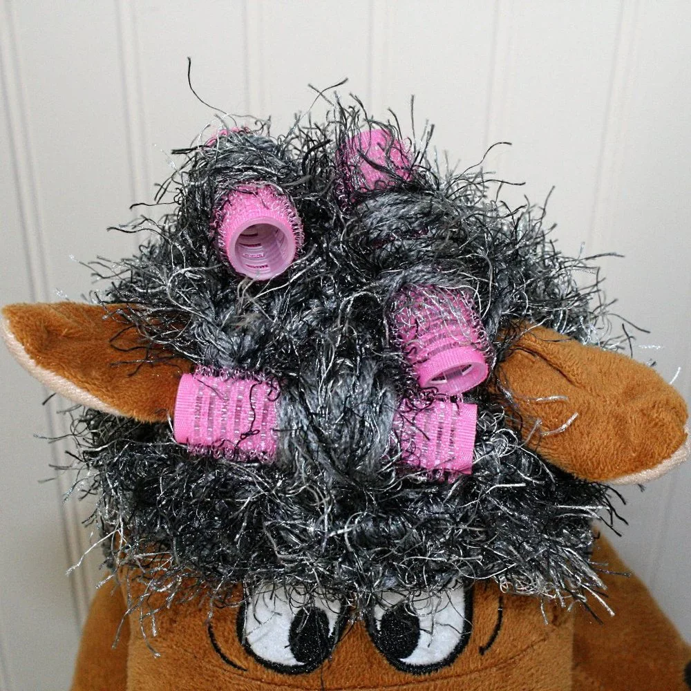 HAND CRAFTED Granny Hair Curlers Dog Hat Crochet Gray Hairy Costume
